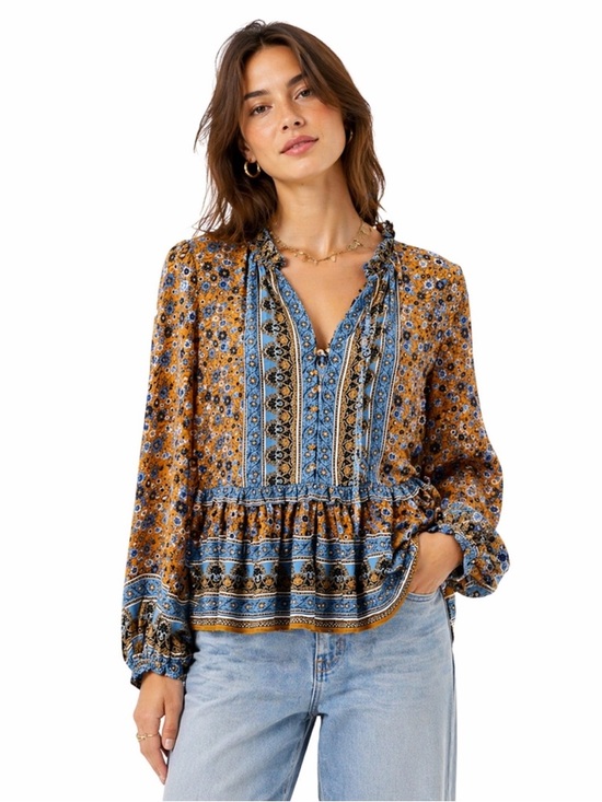 Current Air Tops - Current Air Boho Folk Floral Ruffle Neck Peasant Blouse Medium Tiered Hem
